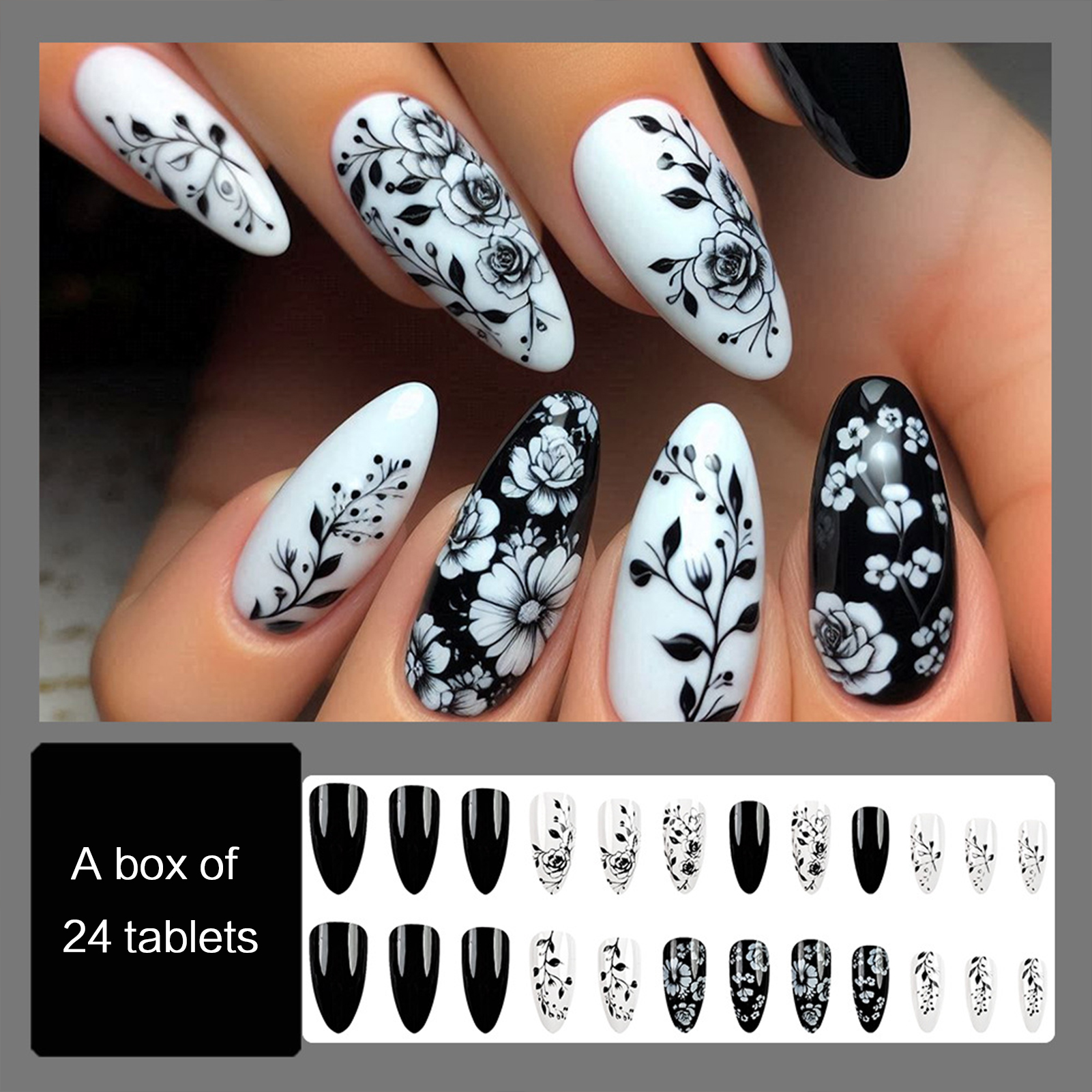 24Pcs Almond Fake Nails Black/ - Pressed Flower Art recensione e prezzo