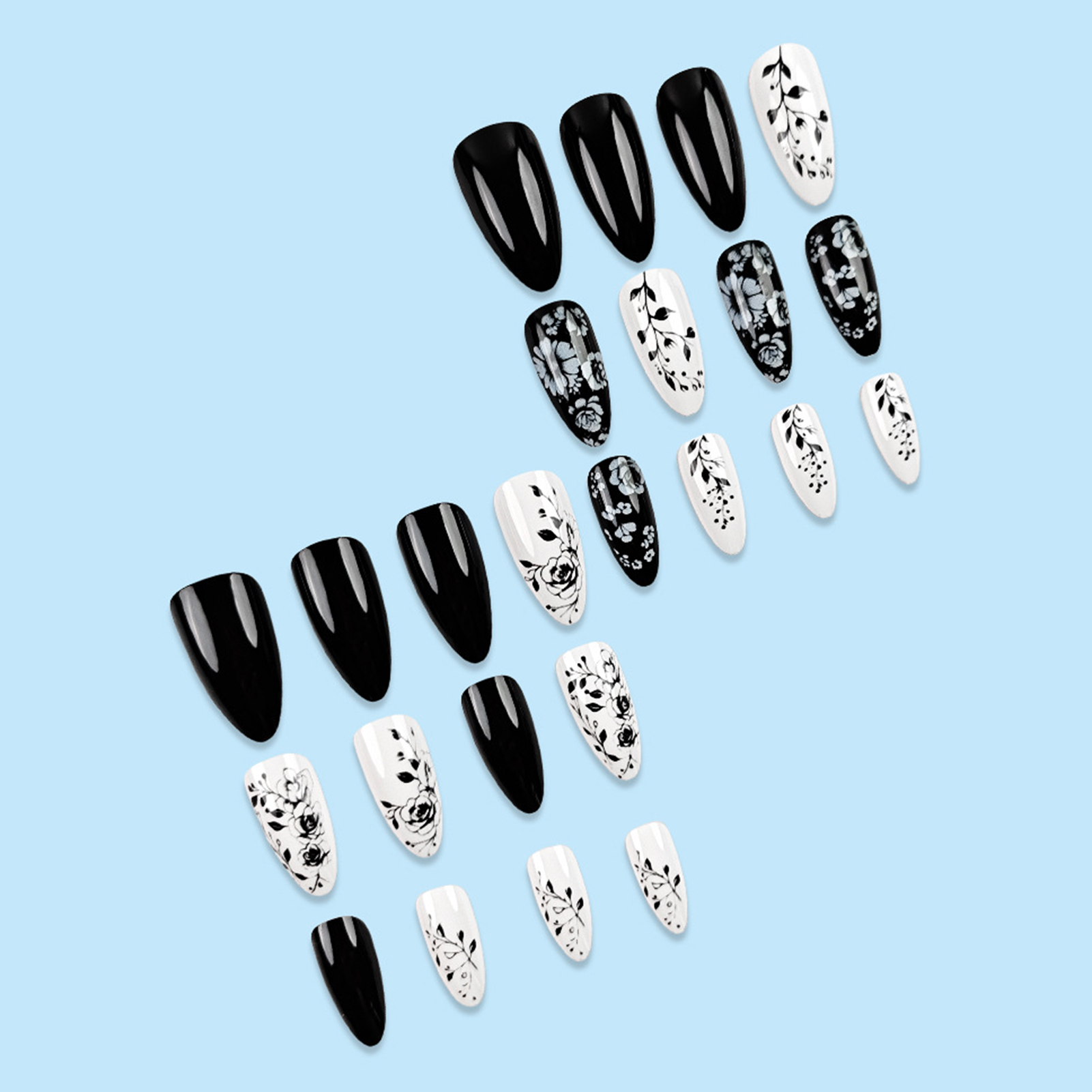 24Pcs Almond Fake Nails Black/ - Pressed Flower Art recensione e prezzo