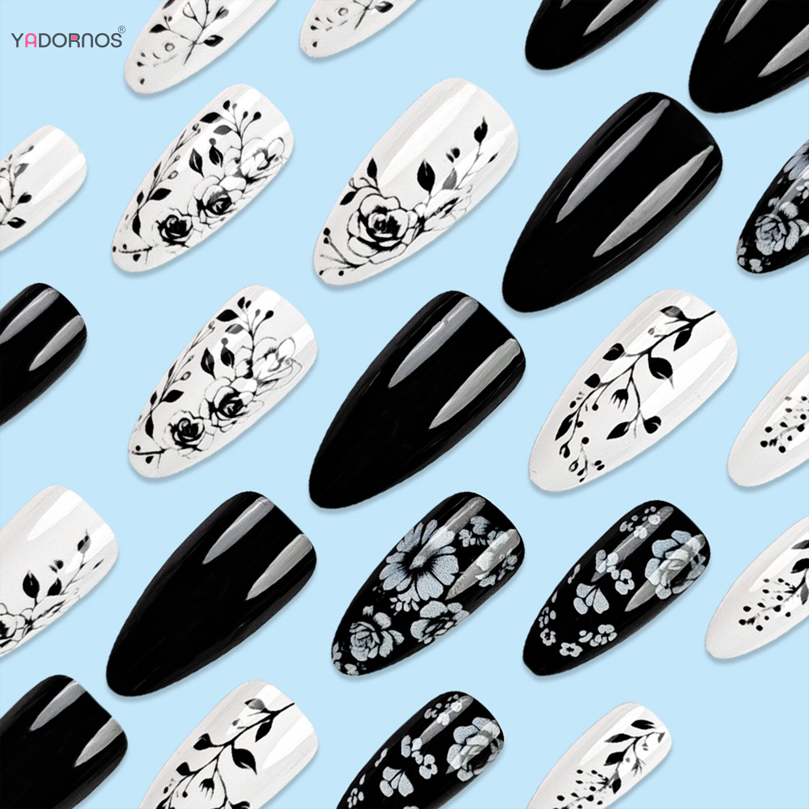 24Pcs Almond Fake Nails Black/ - Pressed Flower Art recensione e prezzo