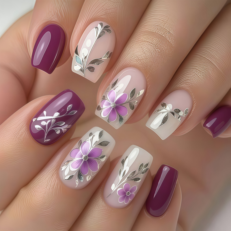 24PCSPurple Press on Nails Med - Pressed Flower Art recensione e prezzo