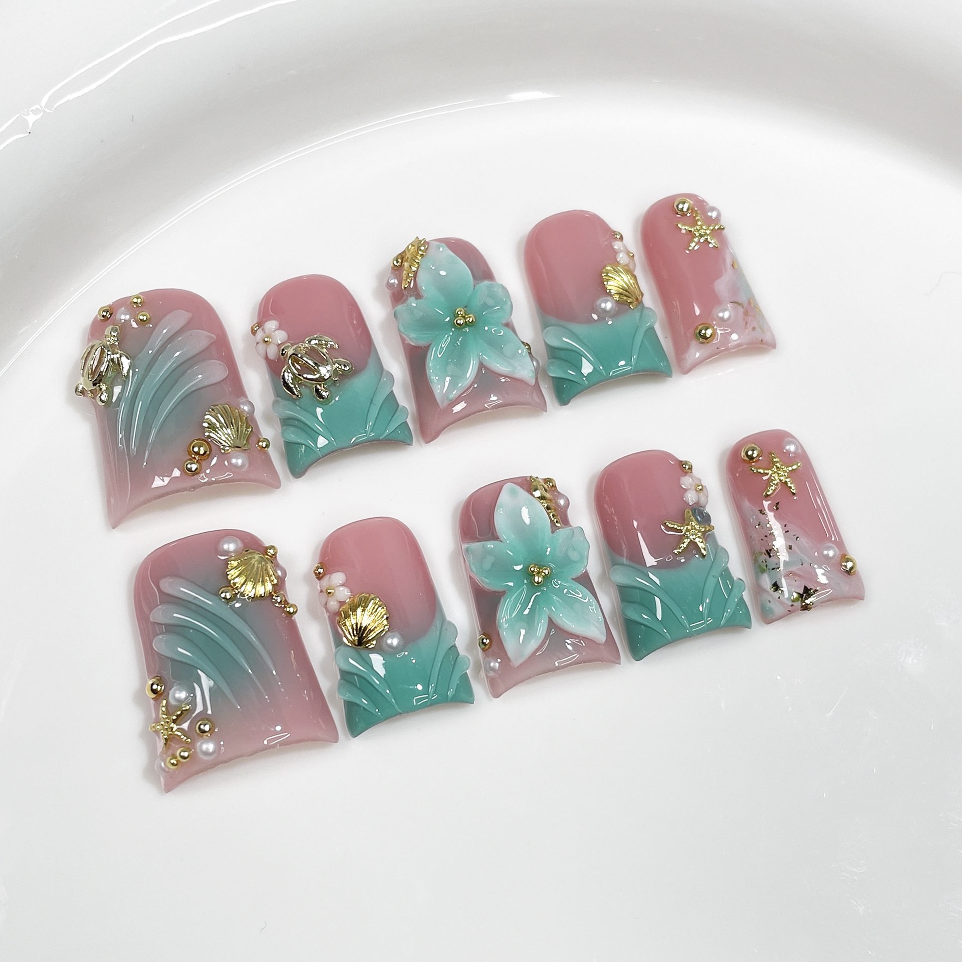 10pcs Ocean Style Fake Nails D - Pressed Flower Art recensione e prezzo